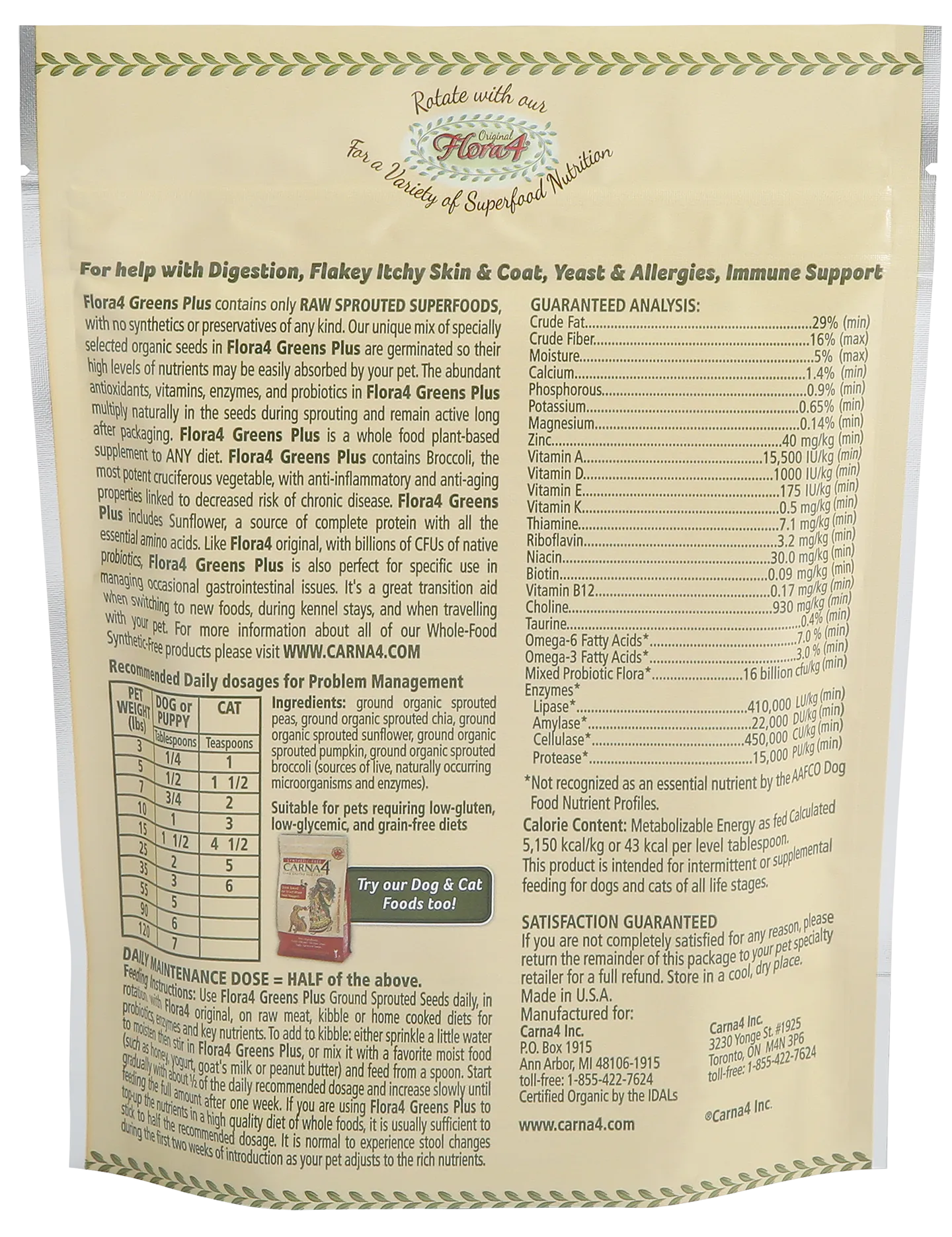 Carna4 Flora4 Greens Plus Ground Sprouted Seeds Food Topper For Dogs & Cats
